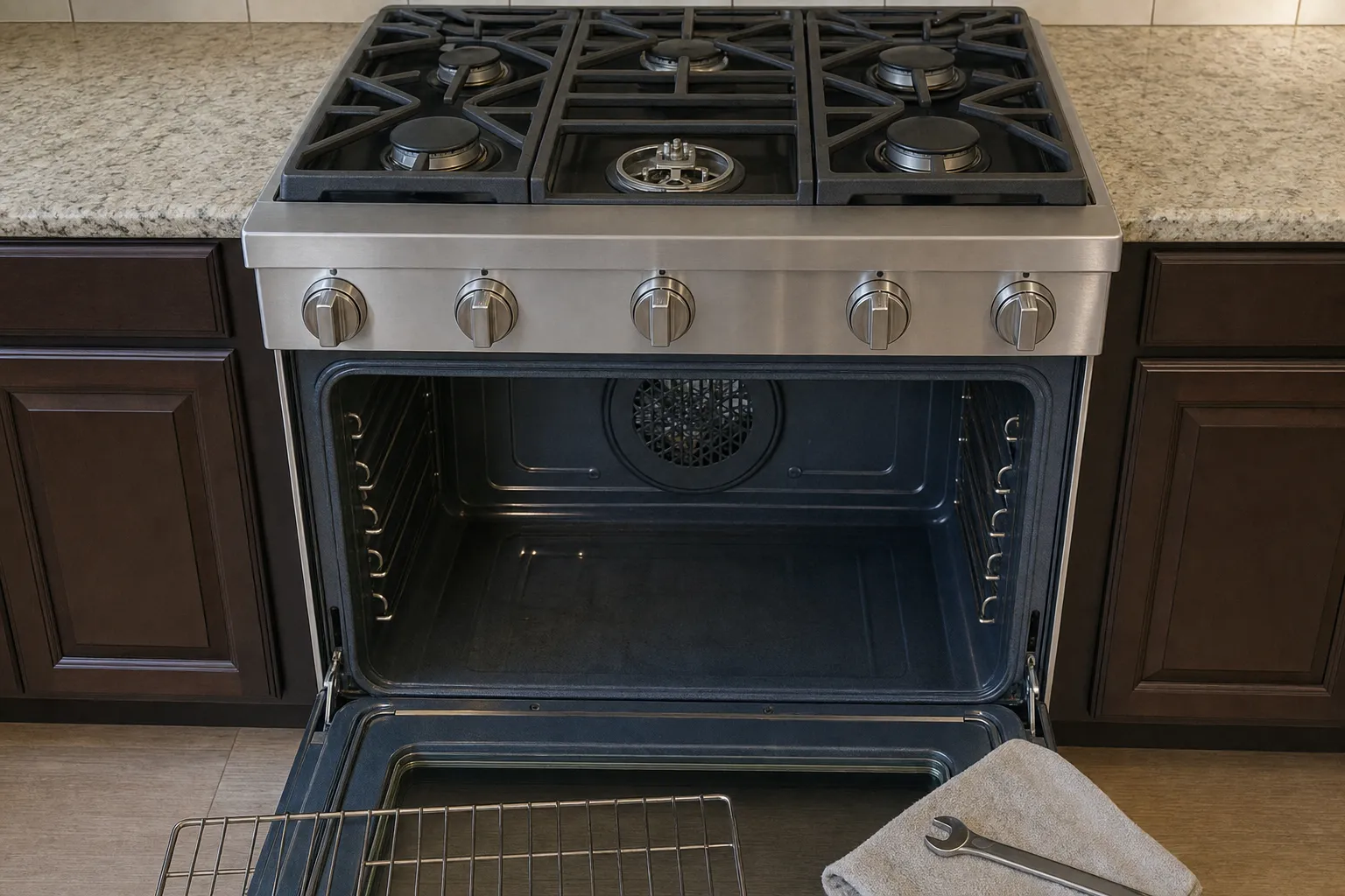 Another stainless professional range with every grate seated and the oven cavity empty and clean