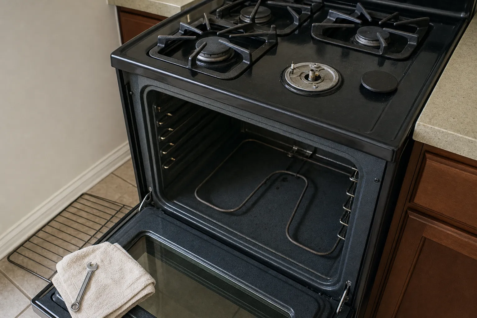 Open oven cavity of a black gas range with the bake burner tube and rack runners visible, door lowered