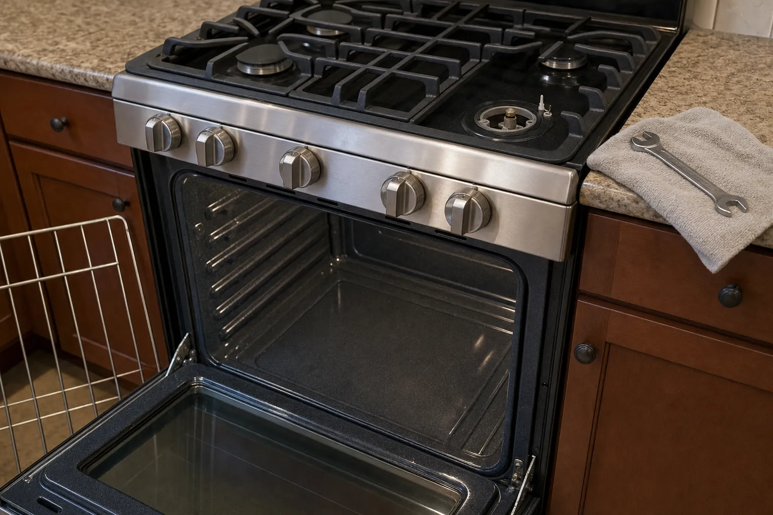 Four-burner stainless gas range with the front right burner head removed down to its base and upright electrode, oven door open on an empty cavity