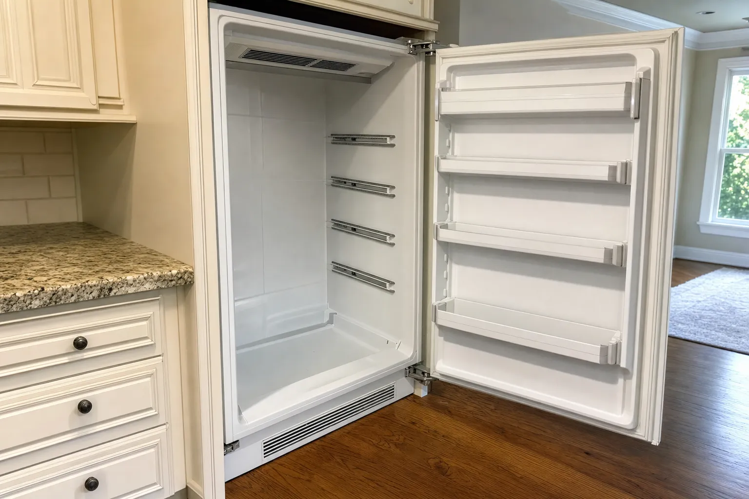 Column refrigerator in cream cabinetry standing open with its hinges showing, shelves removed, door bins in place and a vent grille at the floor